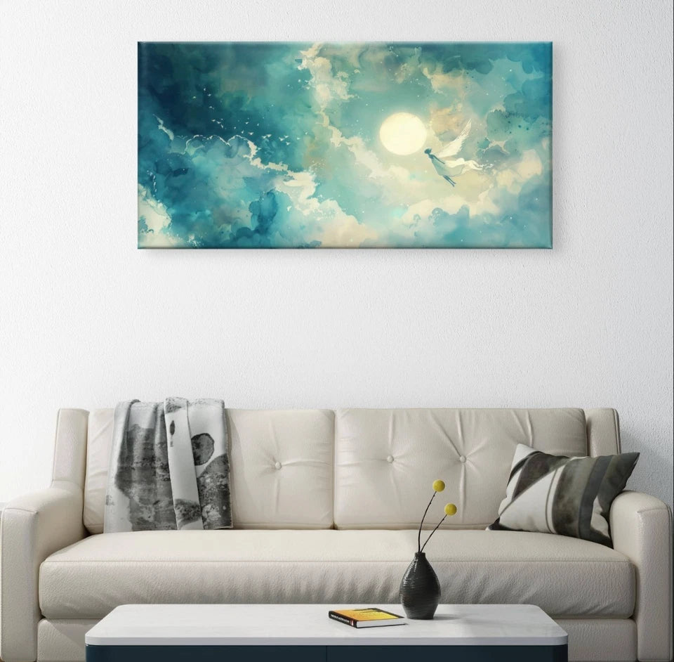 Minimalist Moonlit Fairy and Clouds Wall Art Canvas Office Home Framed 120x60cm
