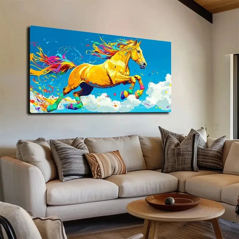 Vibrant Watercolor Horse Wall Art Canvas Office Home Room Framed 120x60cm