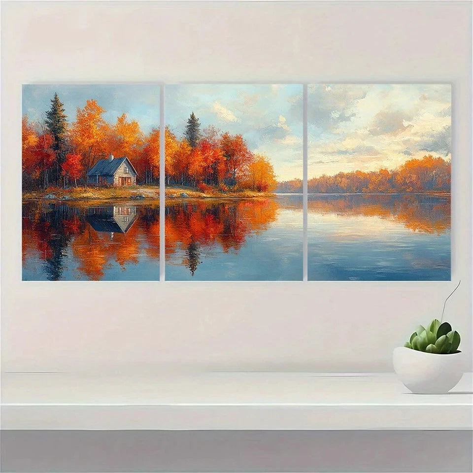 3pcs Lake Rossignol Autumn Nature Scenes Metal Print Ready to Hang Art - Bella Home Decor
