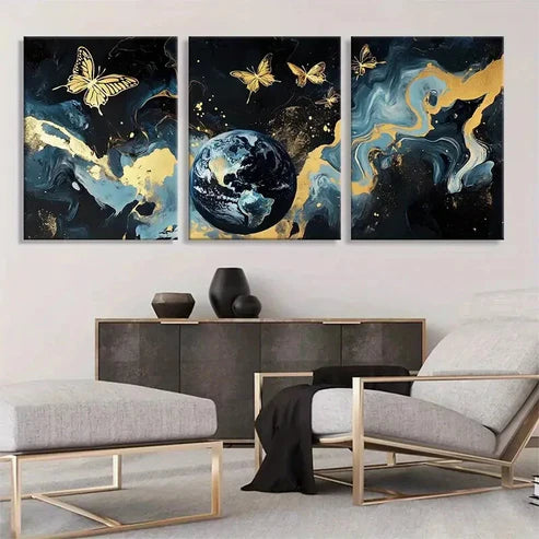 3pcs Golden Butterfly & Earth Marble Perfect  Wall Art Set Canvas Unframed - High Quality Print 100% Australian Made Wall Canvas - Bella Home Decor