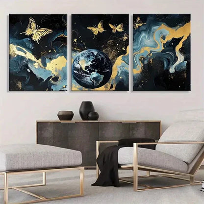 3pcs Golden Butterfly & Earth Marble Perfect  Wall Art Set Canvas Unframed - High Quality Print 100% Australian Made Wall Canvas - Bella Home Decor