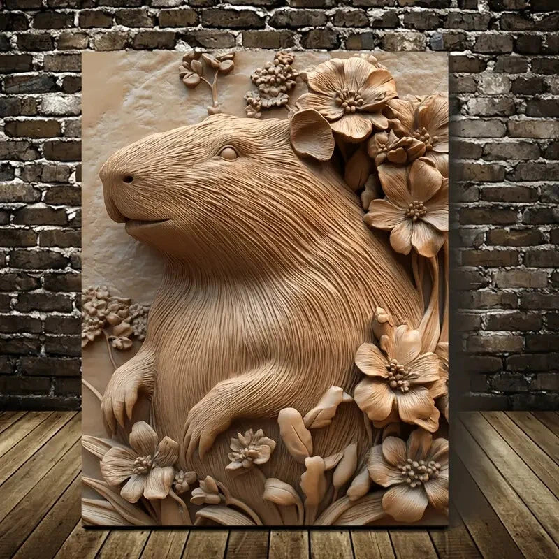 Serene Capybara Surrounded by Heart Painting  40x60cm Metal Print Ready to Hang - Bella Home Decor