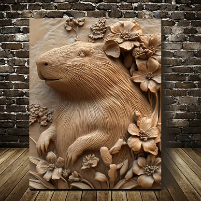 Serene Capybara Surrounded by Heart Painting  40x60cm Metal Print Ready to Hang - Bella Home Decor