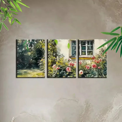 3pcs Retro Beautiful Garden with Floral Painting Wall Art Set Canvas Framed 50x70cm - High Quality Print 100% Australian Made Wall Canvas Ready to Hang