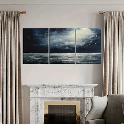 3pcs Moonlit Ocean Waves Dark Sky Clouds Night Wall Art Canvas Unframed - High Quality Print 100% Australian Made Wall Canvas