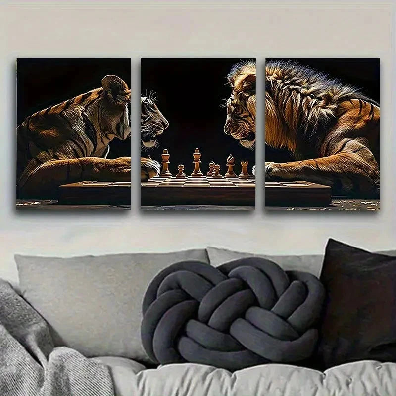3pcs Majestic Tigers Chess Game Wall Art Set Canvas Framed 40x60cm - High Quality Print 100% Australian Made Wall Canvas Ready to Hang