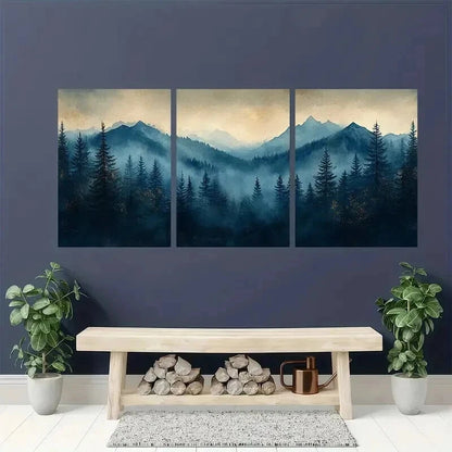 3pcs Blue & Golden Glitter Misty Forest Wall Art Set Canvas Framed 60x90cm - High Quality Print 100% Australian Made Wall Canvas Ready to Hang - Bella Home Decor
