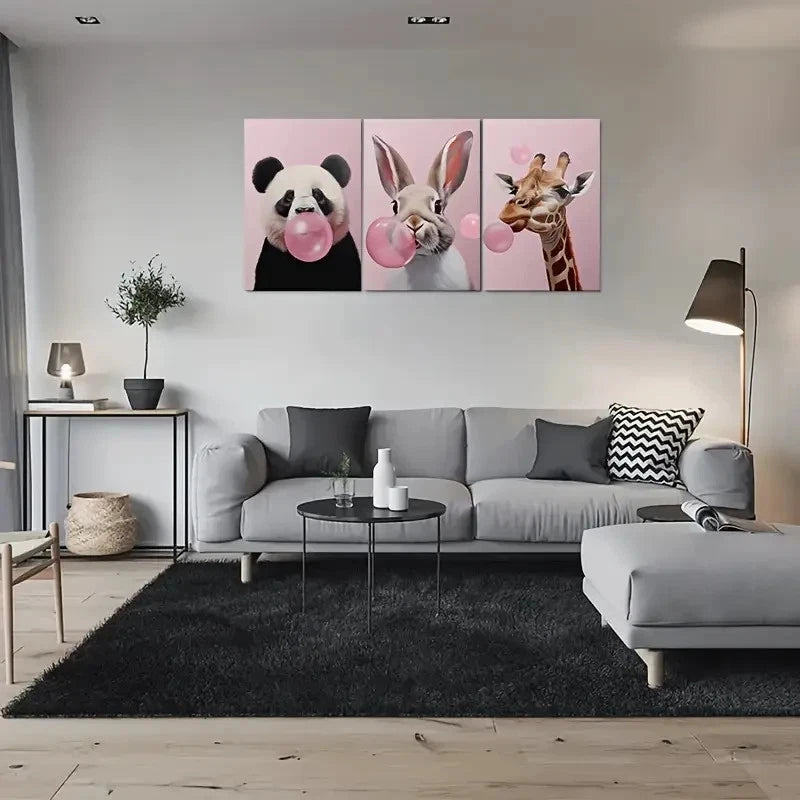 3pcs Adorable Animal Panda Rabbit Giraffe Blowing Metal Print Ready to Hang Art - Bella Home Decor