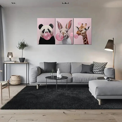 3pcs Adorable Animal Panda Rabbit Giraffe Blowing Metal Print Ready to Hang Art - Bella Home Decor