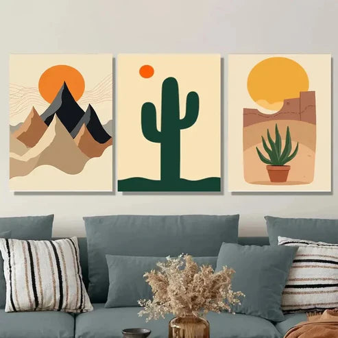 3pcs Modern Desert Landscape Abstract Cactus Wall Art Set Canvas Unframed - High Quality Print 100% Australian Made Wall Canvas