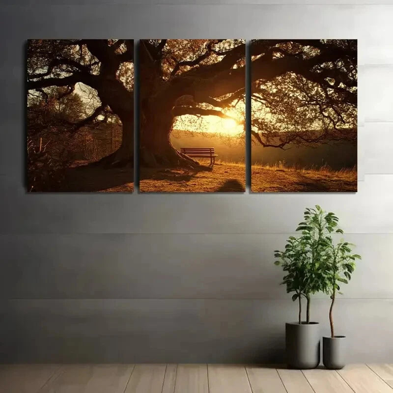 3pcs Tree with an Old Wooden Bench Metal Print Ready to Hang Art - Bella Home Decor