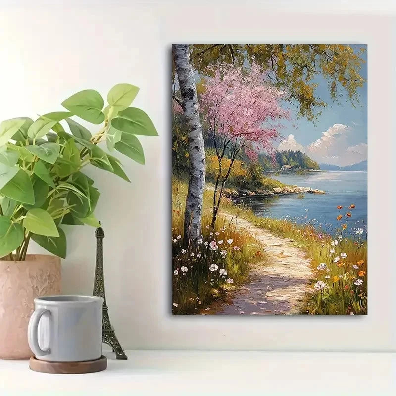 Beautiful Abstract Lakeside Wildflower Painting 40x60cm Metal Print Ready to Hang