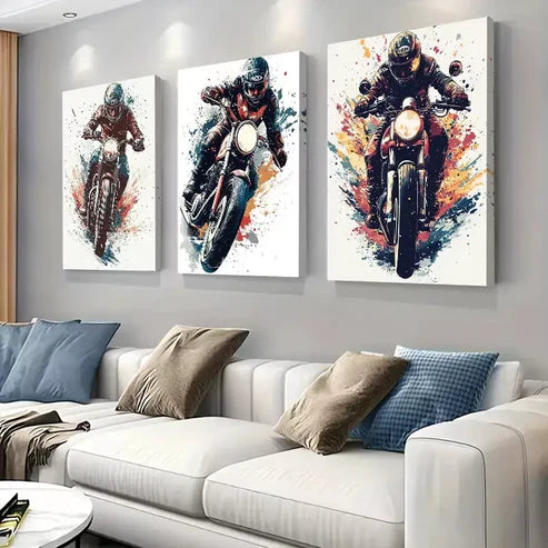 3 PCS Vibrant Energetic Motorcycle Rider Wall Art Set Canvas Unframed - High Quality Print 100% Australian Made Wall Canvas