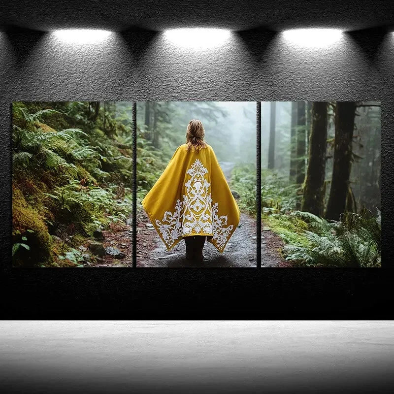 3pcs The Yellow Clothed Woman In The Forest Metal Print Ready to Hang Art - Bella Home Decor