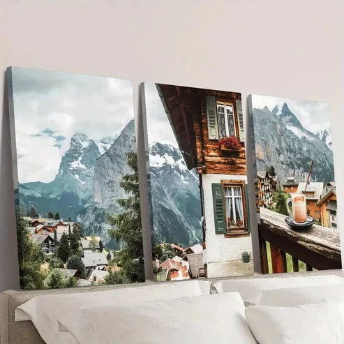 3pcs Café Terrace with View of Swiss Jungfrau Wall Art Canvas Unframed - High Quality Print 100% Australian Made Wall Canvas - Bella Home Decor