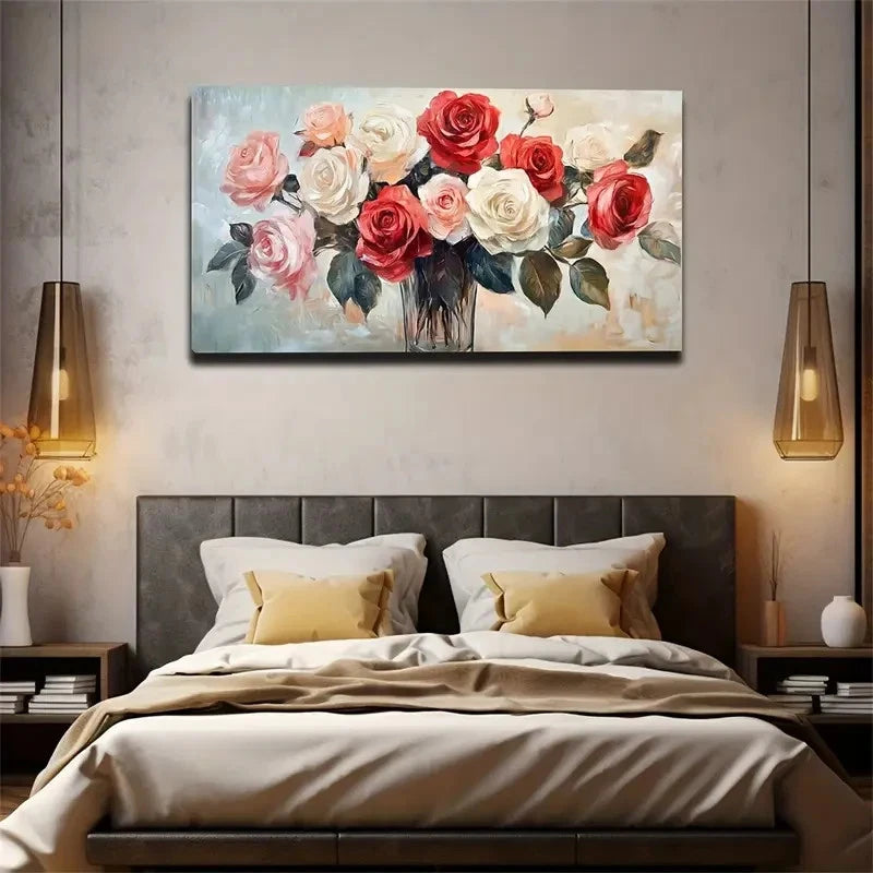 Brave Roses Pink & Red Floral Wall Art Canvas Office Home Room Framed 120x60cm
