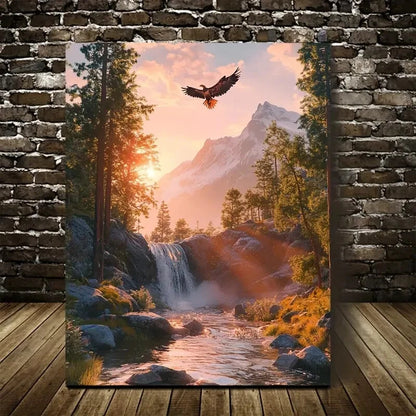 Majestic Eagle Over Waterfall Scene Painting 40x60cm Metal Print Ready to Hang - Bella Home Decor