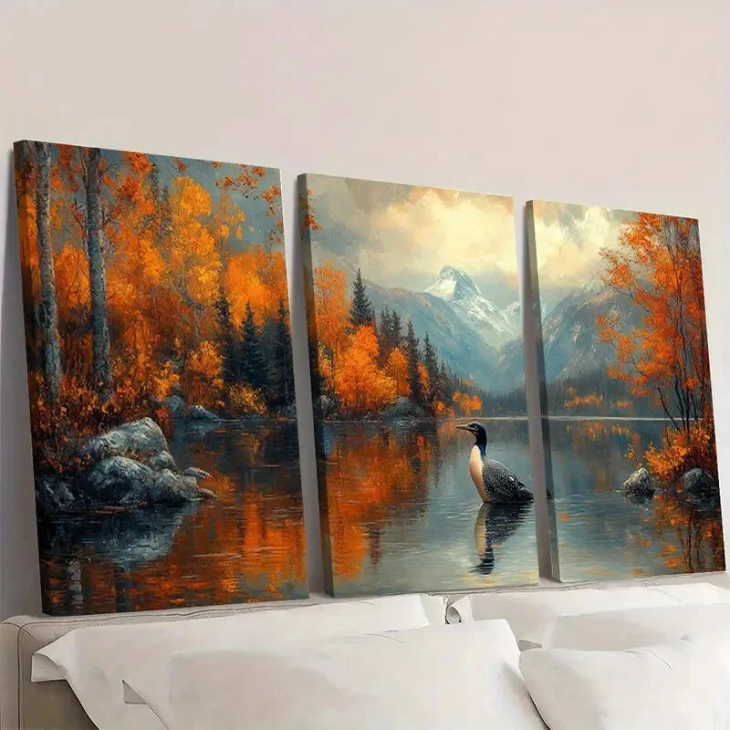 3pcs Loon Lake Landscape Painting Wall Art Set Canvas Framed 50x70cm - High Quality Print 100% Australian Made Wall Canvas Ready to Hang