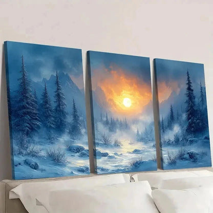 3pcs Snowy Forest and Mountain Scenery with Sun Wall Art Set Canvas Framed 60x90cm - High Quality Print 100% Australian Made Wall Canvas Ready to Hang - Bella Home Decor