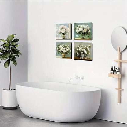 4pcsElegant White Peony FlowerWall Art Canvas Framed