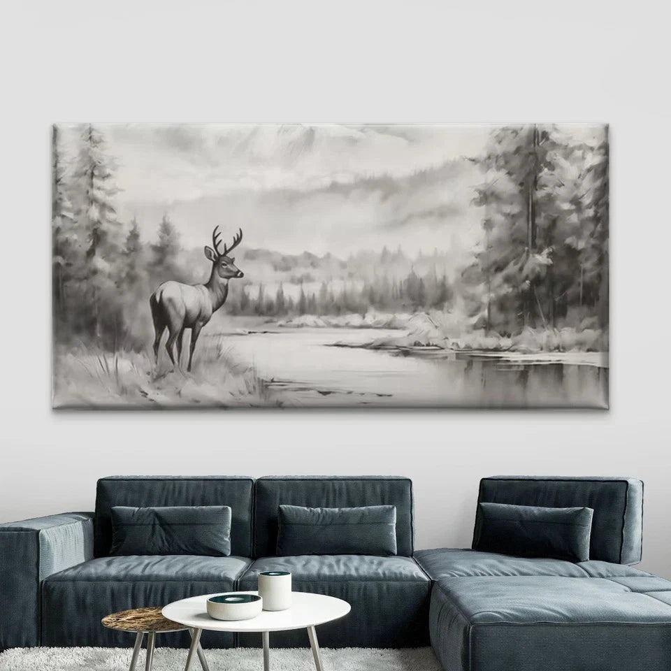 Deer in Winter Forest Wall Art Canvas Office Home Room Framed 120x60cm