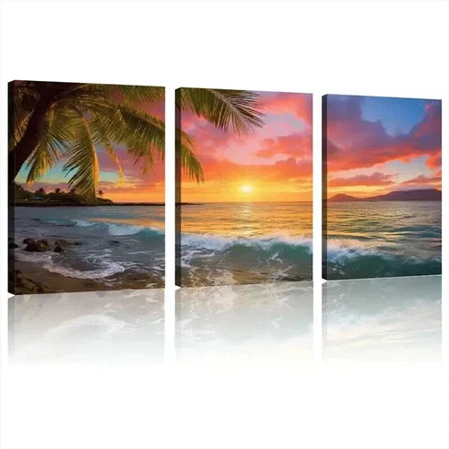 3pcs Sunset Ocean & Palm Trees Landscape Wall Art Canvas Unframed - High Quality Print 100% Australian Made Wall Canvas
