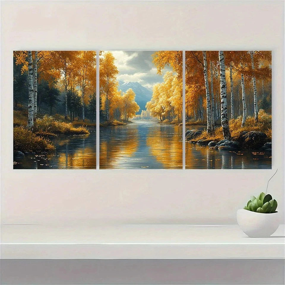 3pcs Forest River Birch Trees Metal Print Ready to Hang Art - Bella Home Decor