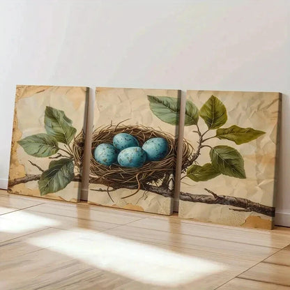 3pcs Bird's Nest Blue Eggs Green Leaves  Wall Art Set Canvas Framed 60x90cm - High Quality Print 100% Australian Made Wall Canvas Ready to Hang - Bella Home Decor