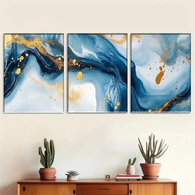 3pcs Blue and Golden Dreamy Fluid Art Painting Metal Print Ready to Hang Art - Bella Home Decor