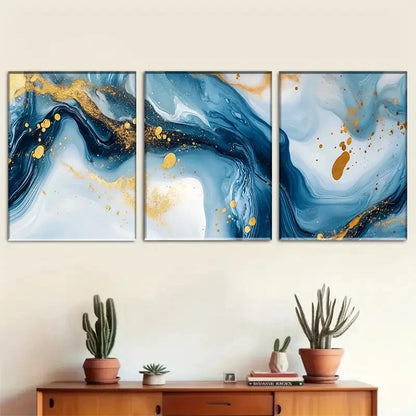 3pcs Blue and Golden Dreamy Fluid Art Painting Metal Print Ready to Hang Art - Bella Home Decor