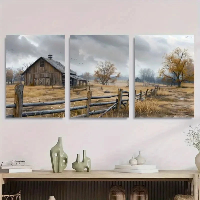 3pcs Rustic Farmhouse Autumn Landscape Serene Metal Print Ready to Hang Art