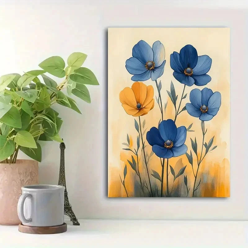 Beautiful Vibrant Blue & Orange Floral Design Painting 40x60cm Metal Print Ready to Hang