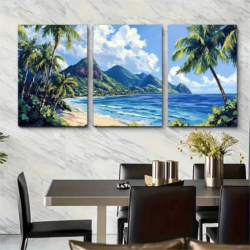 3pcs Vibrant Caribbean Palm Trees & Ocean Metal Print Ready to Hang Art - Bella Home Decor