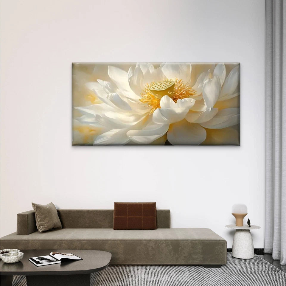 White Flowers Yellow Center Wall Art Canvas Office Home Room Framed 120x60cm