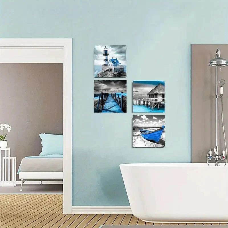 4pcs Blue Beach Coastal Black And White Lighth Wall Art Canvas Framed