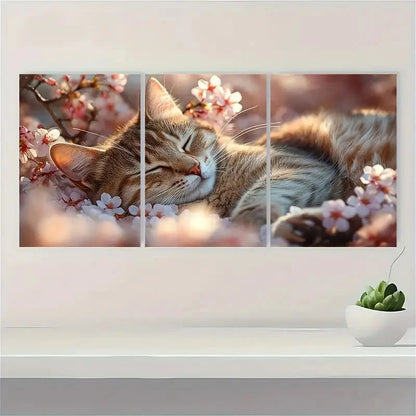 3pcs Sleeping Cat on Cherry Blossom W  Wall Art Set Canvas Framed 40x60cm - High Quality Print 100% Australian Made Wall Canvas Ready to Hang - Bella Home Decor