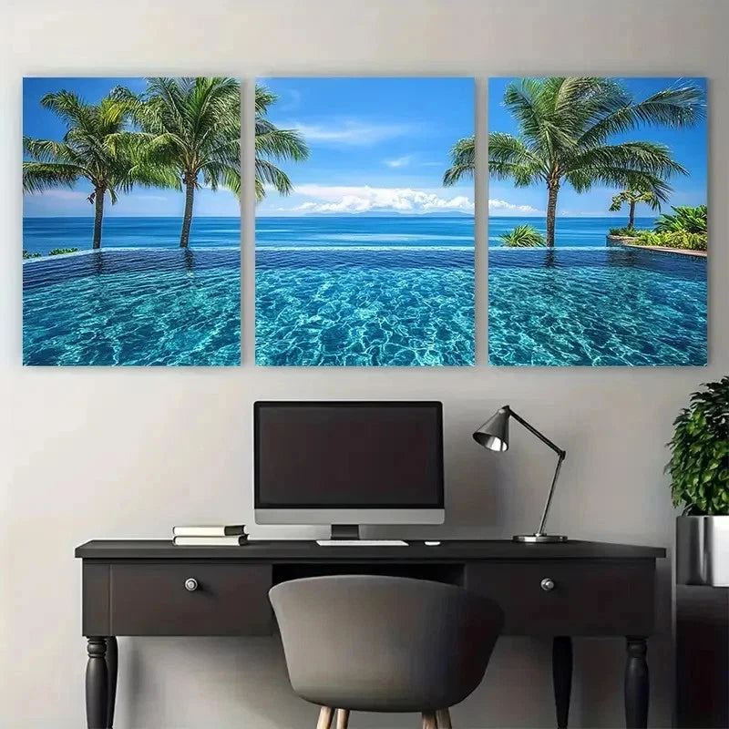 3pcs Tropical Infinity Pool Palm Trees Perfect Wall Art Set Canvas Framed 50x70cm - High Quality Print 100% Australian Made Wall Canvas Ready to Hang