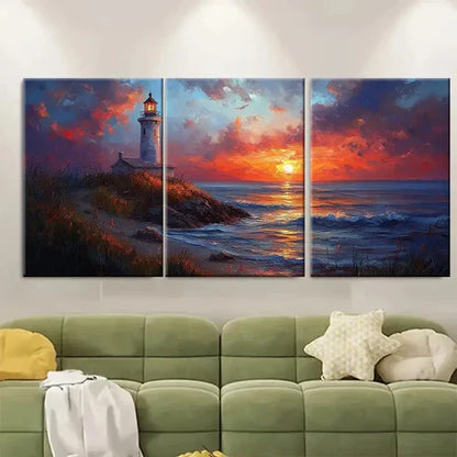3pcs Lighthouse Sunset Beach Ocean Wall Art Canvas Unframed - High Quality Print 100% Australian Made Wall Canvas
