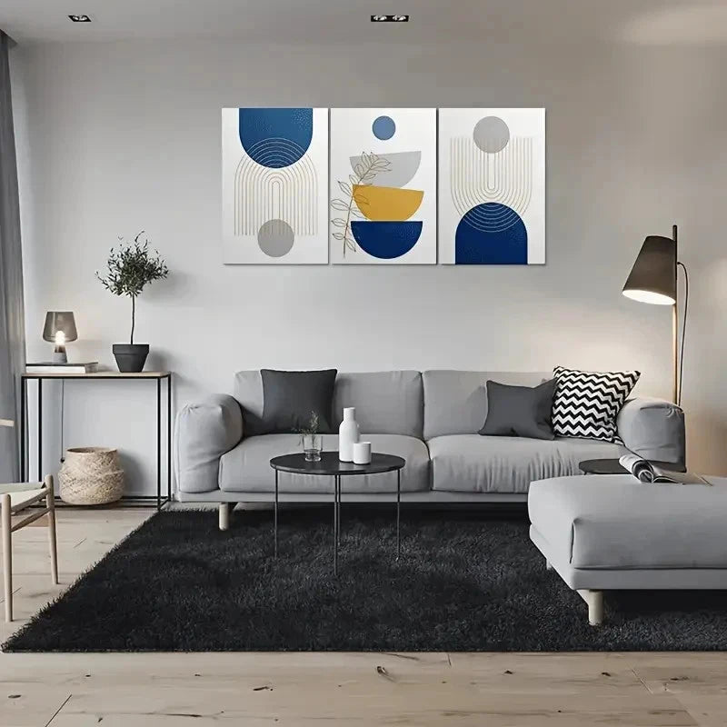 3pcs Abstract Geometric Blue & Golden Metal Print Ready to Hang Art - Bella Home Decor