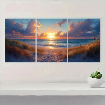 3pcs Lateral Beach Sunset Modern Landscape D  Wall Art Set Canvas Framed 60x90cm - High Quality Print 100% Australian Made Wall Canvas Ready to Hang