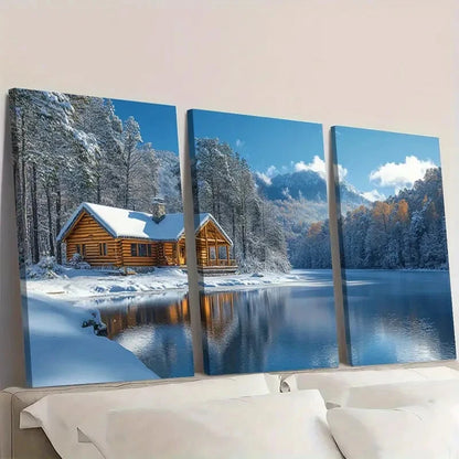3pcs Rustic Christmas Cabin Winter Scene aWall Art Set Canvas Framed 40x60cm - High Quality Print 100% Australian Made Wall Canvas Ready to Hang