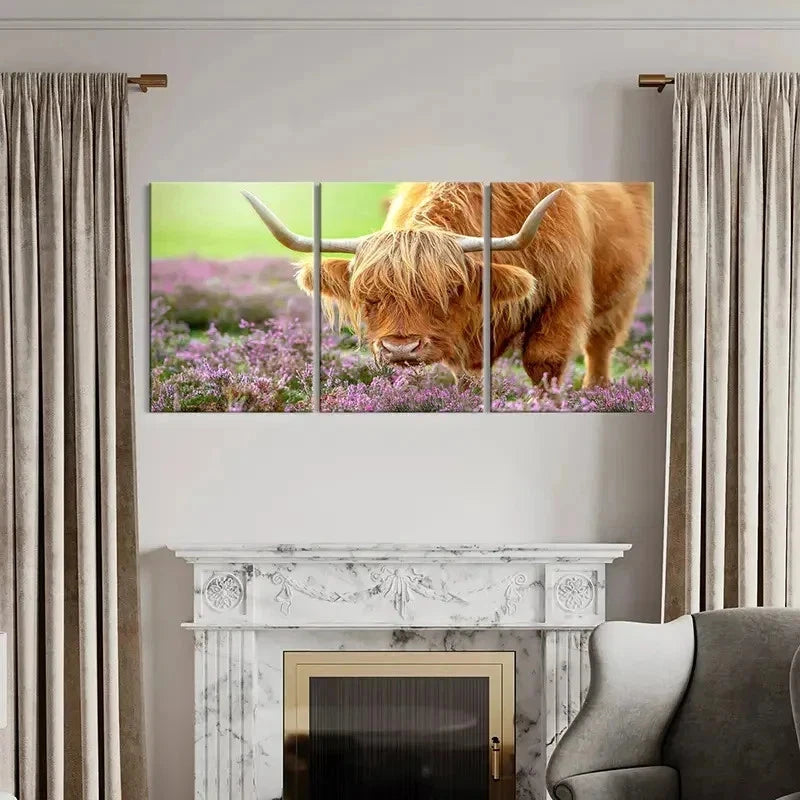3pcs Highland Cattle & Purple Wild Flowers Wall Art Set Canvas Framed 50x70cm - High Quality Print 100% Australian Made Wall Canvas Ready to Hang - Bella Home Decor