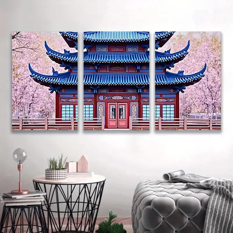 3pcs Red And Blue Pagoda I Wall Art Set Canvas Framed 60x90cm - High Quality Print 100% Australian Made Wall Canvas Ready to Hang