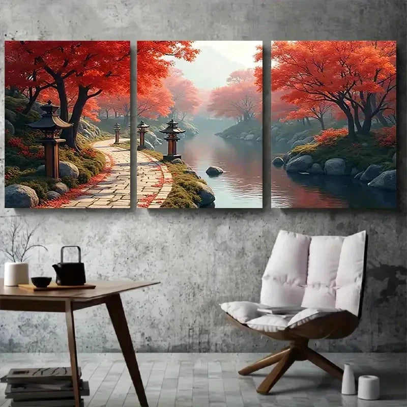 3pcs Vibrant Foliage & Calming River Scene Metal Print Ready to Hang Art
