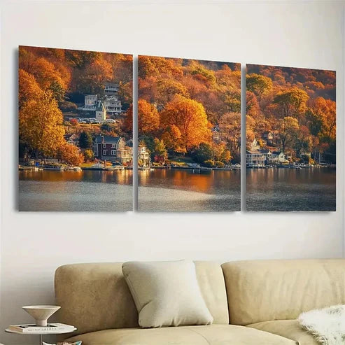 3pcs Vibrant Autumn Scene with Houses & Trees Wall Art Set Canvas Unframed - High Quality Print 100% Australian Made Wall Canvas - Bella Home Decor