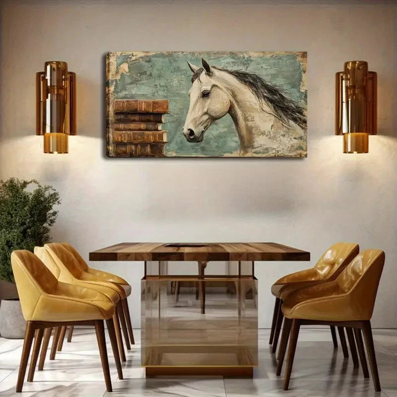 Elegant Horse with Books Teal Wall Art Canvas Office Home Room Framed 120x60cm - Bella Home Decor