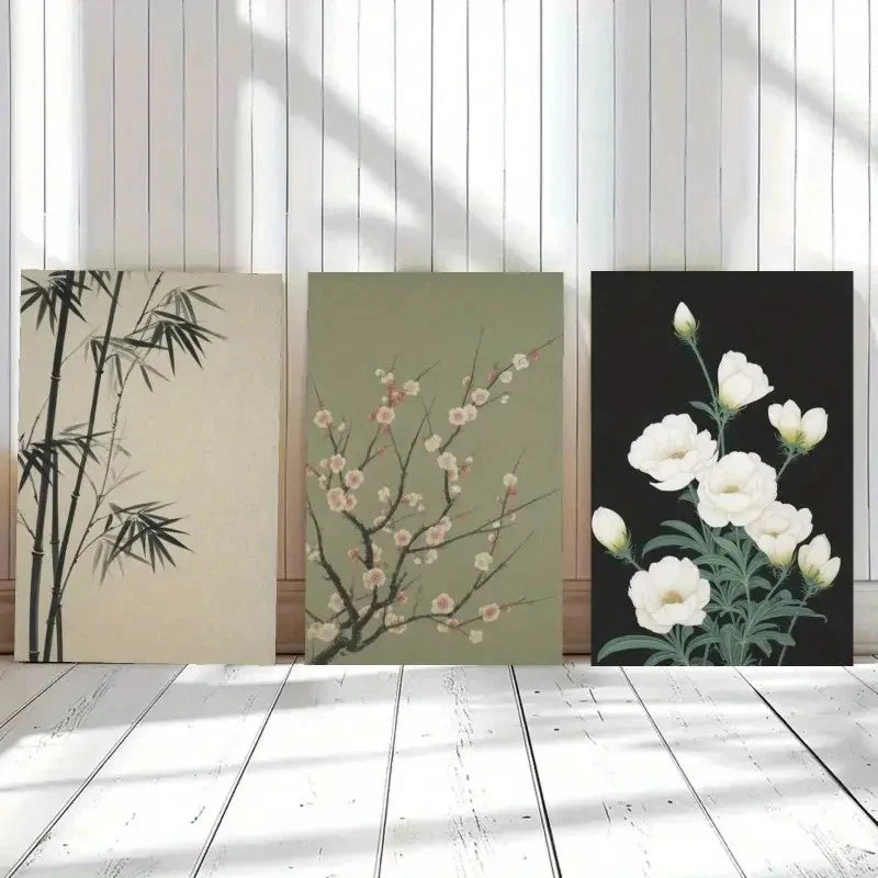 3pcs Bamboo Plum Blossom White Flowers Paintings Metal Print Ready to Hang Art - Bella Home Decor