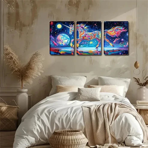 3pcs Celestial Horse Design Wall Art Set Canvas Unframed - High Quality Print 100% Australian Made Wall Canvas - Bella Home Decor