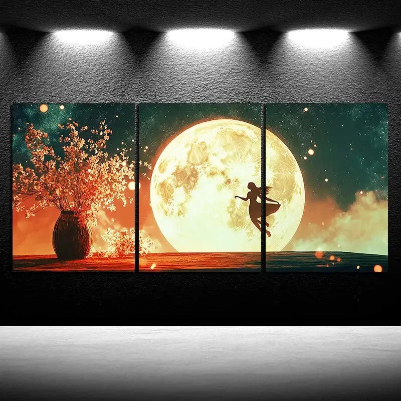 3pcs Girl Dancing Under The Starry Sky Metal Print Ready to Hang Art - Bella Home Decor
