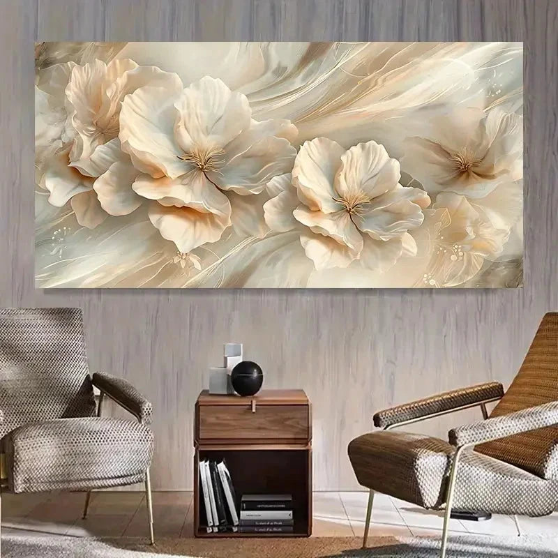 Modern Nordic Beige Floral Wall Art Canvas Office Home Room Framed 120x60cm